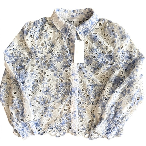 Caroline Constas Floral Eyelet Lace Blouse Sz Medium Blue & White New With Tags - Picture 2 of 5